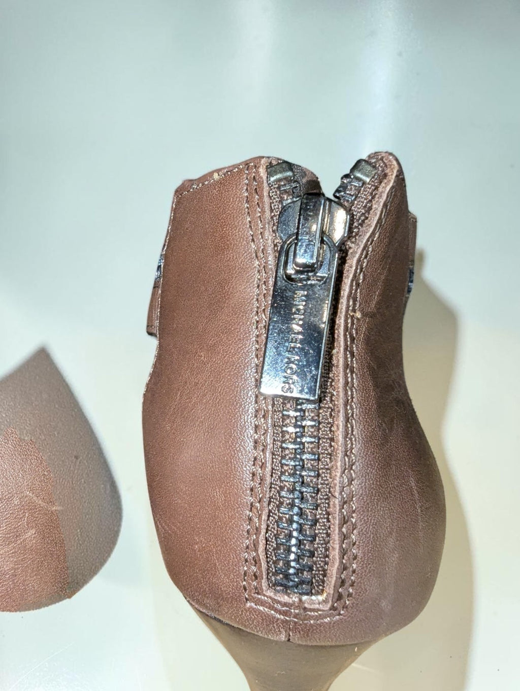 Michael Kors Brown Closed Toe Zipper CrissCross Heels Shoes, Size 8.5