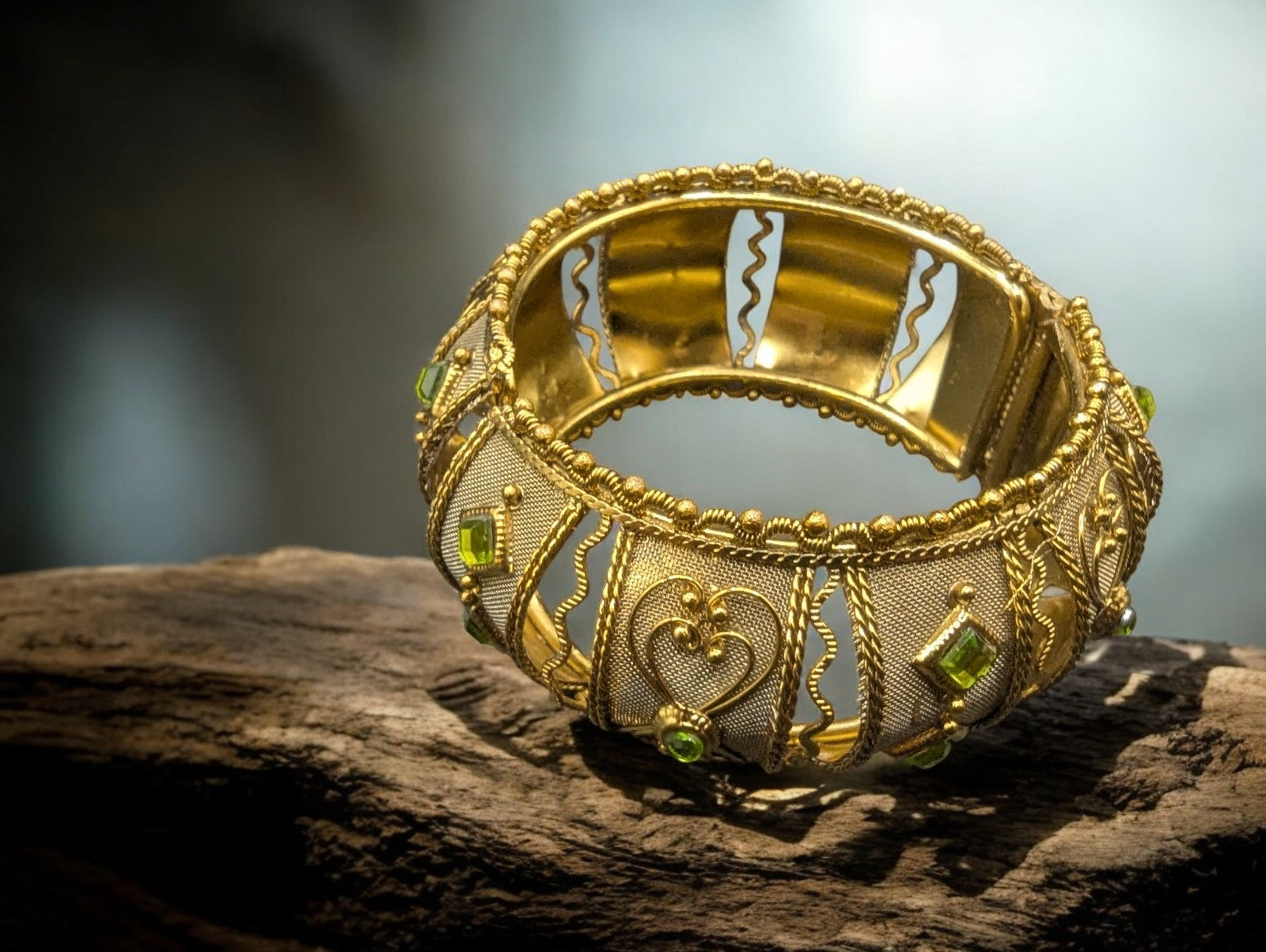 Vintage Gypsy Gold Mesh Bangle Bracelet, Green Gemstones