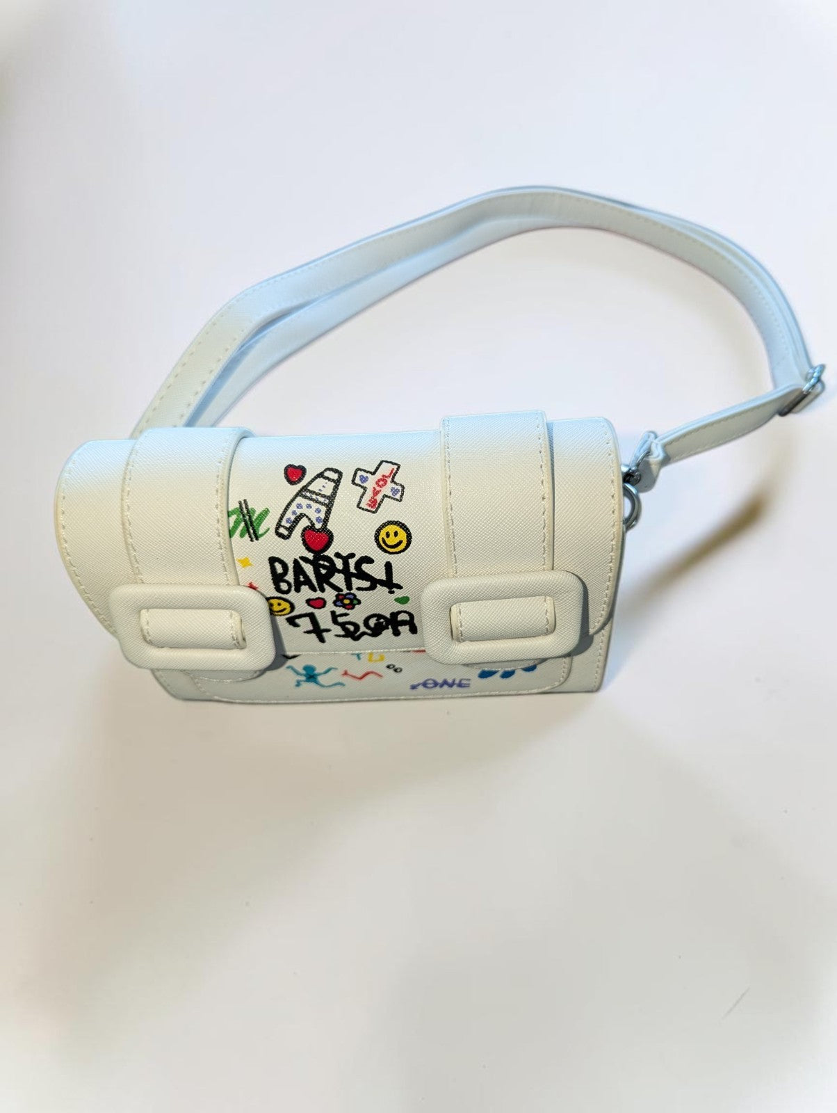 White Faux Leather Graffiti Crossbody Bag, Adjustable Strap