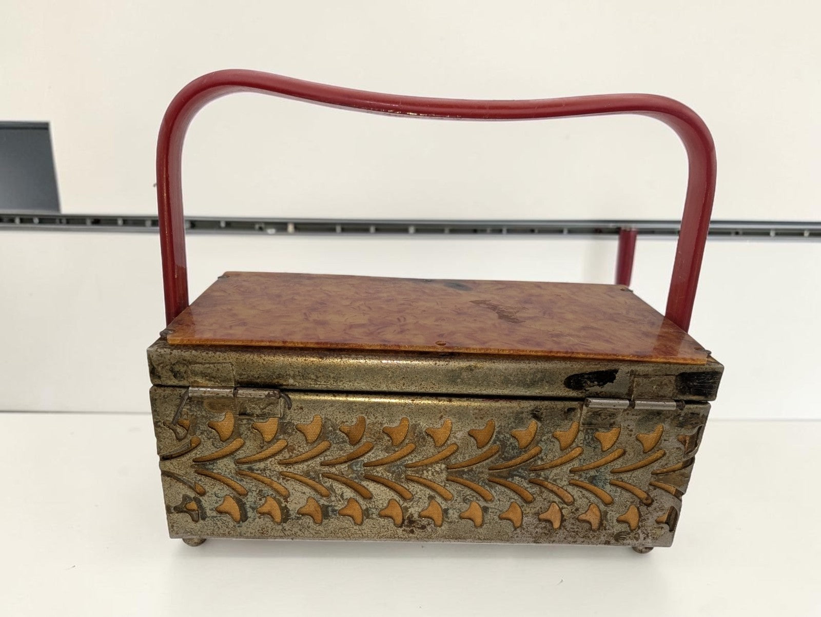 1950s Brass Filigree Box Purse, Amber Colored Plastic Lid