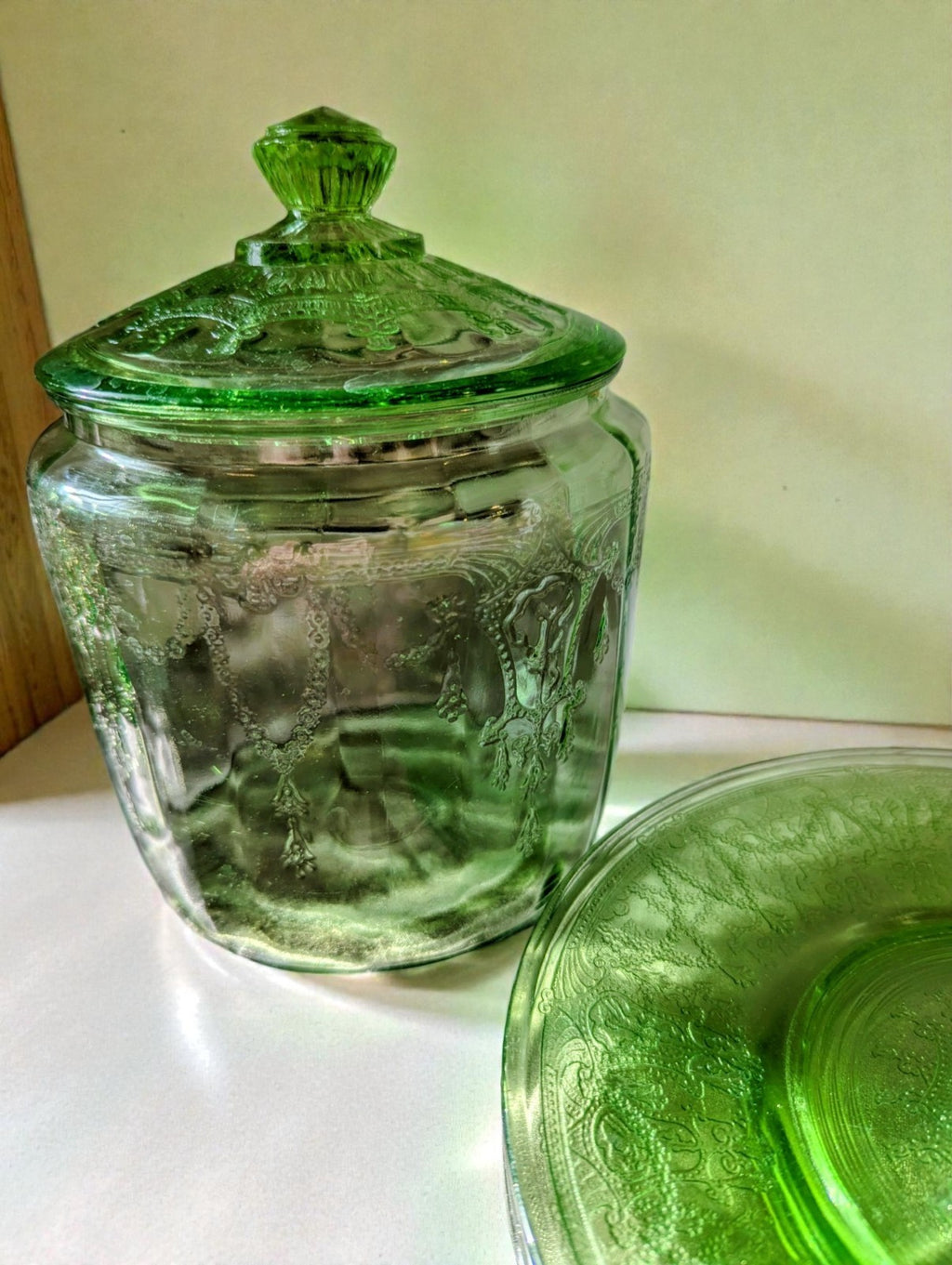 1920s-30s Uranium Green Glass Cookie Jar and (4) Plate Set
