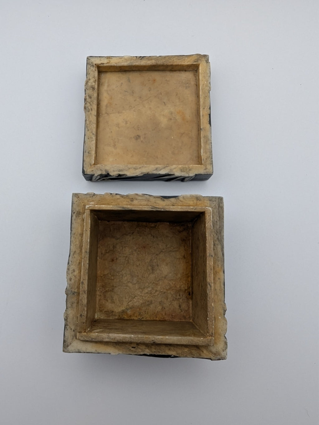 Vintage Hand-Carved Stone Trinket Box Bamboo Design, 2.25"