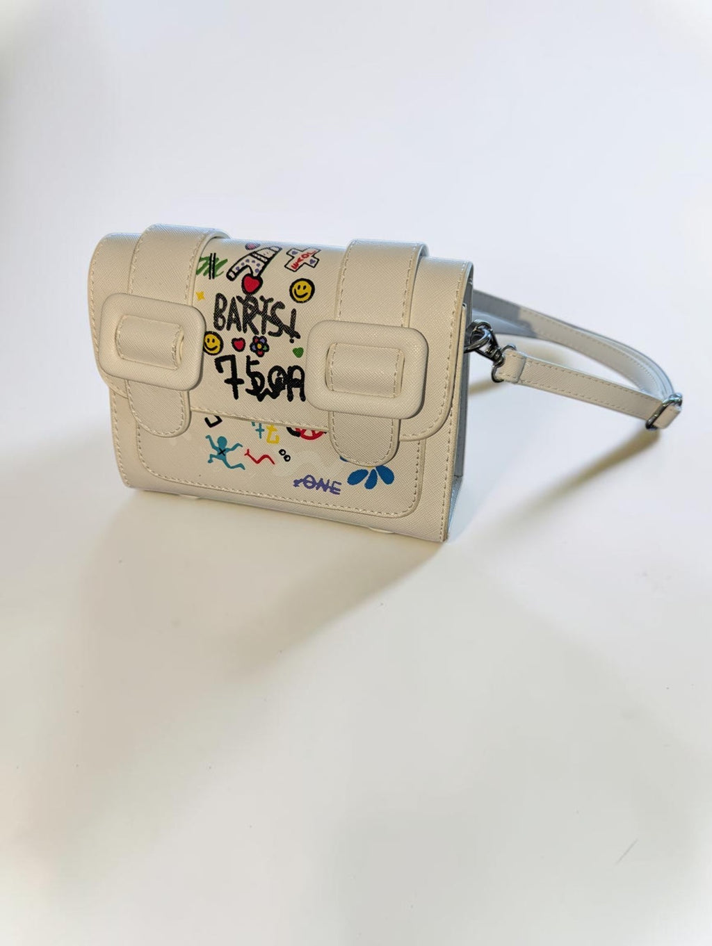 White Faux Leather Graffiti Crossbody Bag, Adjustable Strap