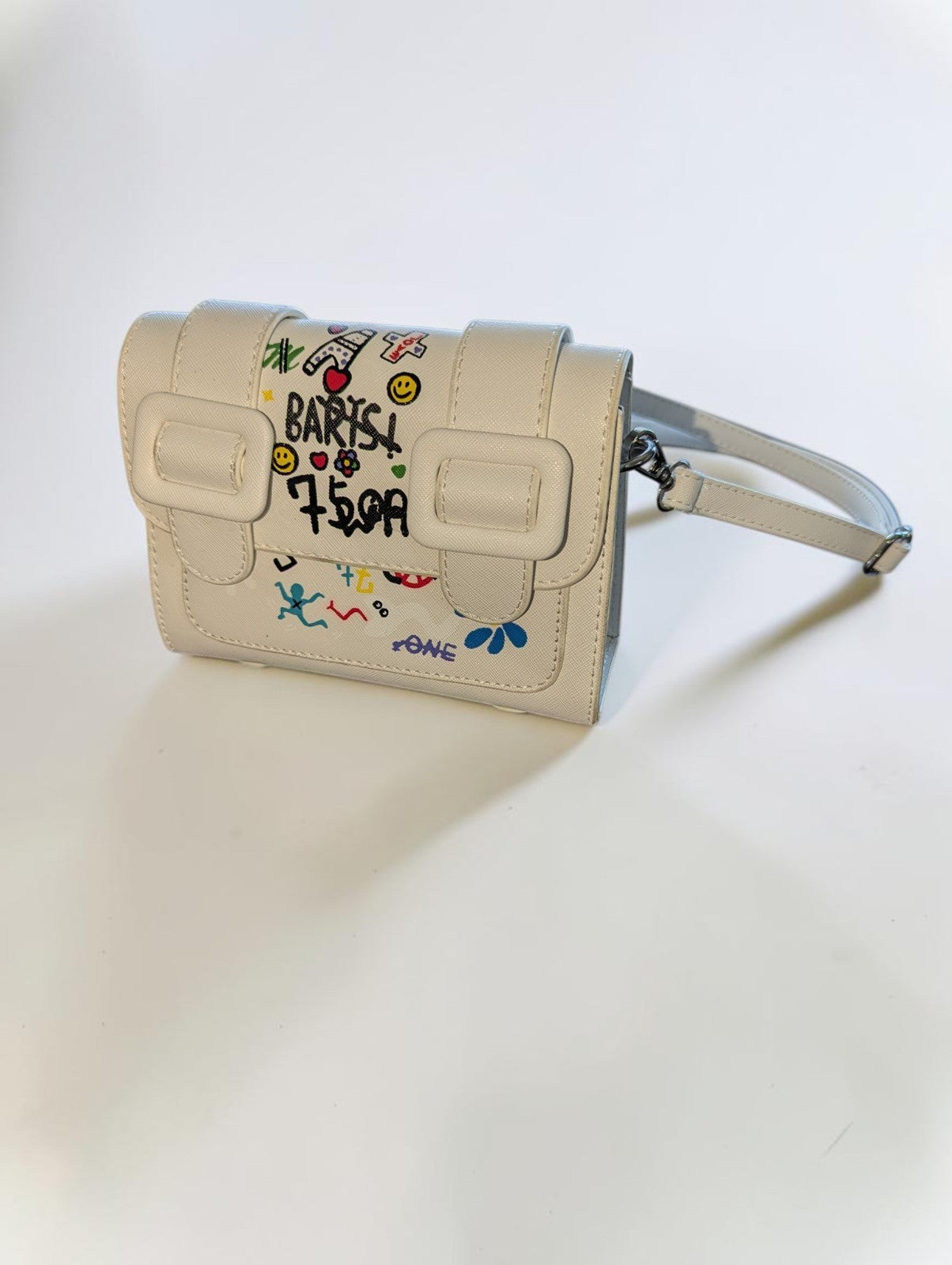 White Faux Leather Graffiti Crossbody Bag, Adjustable Strap