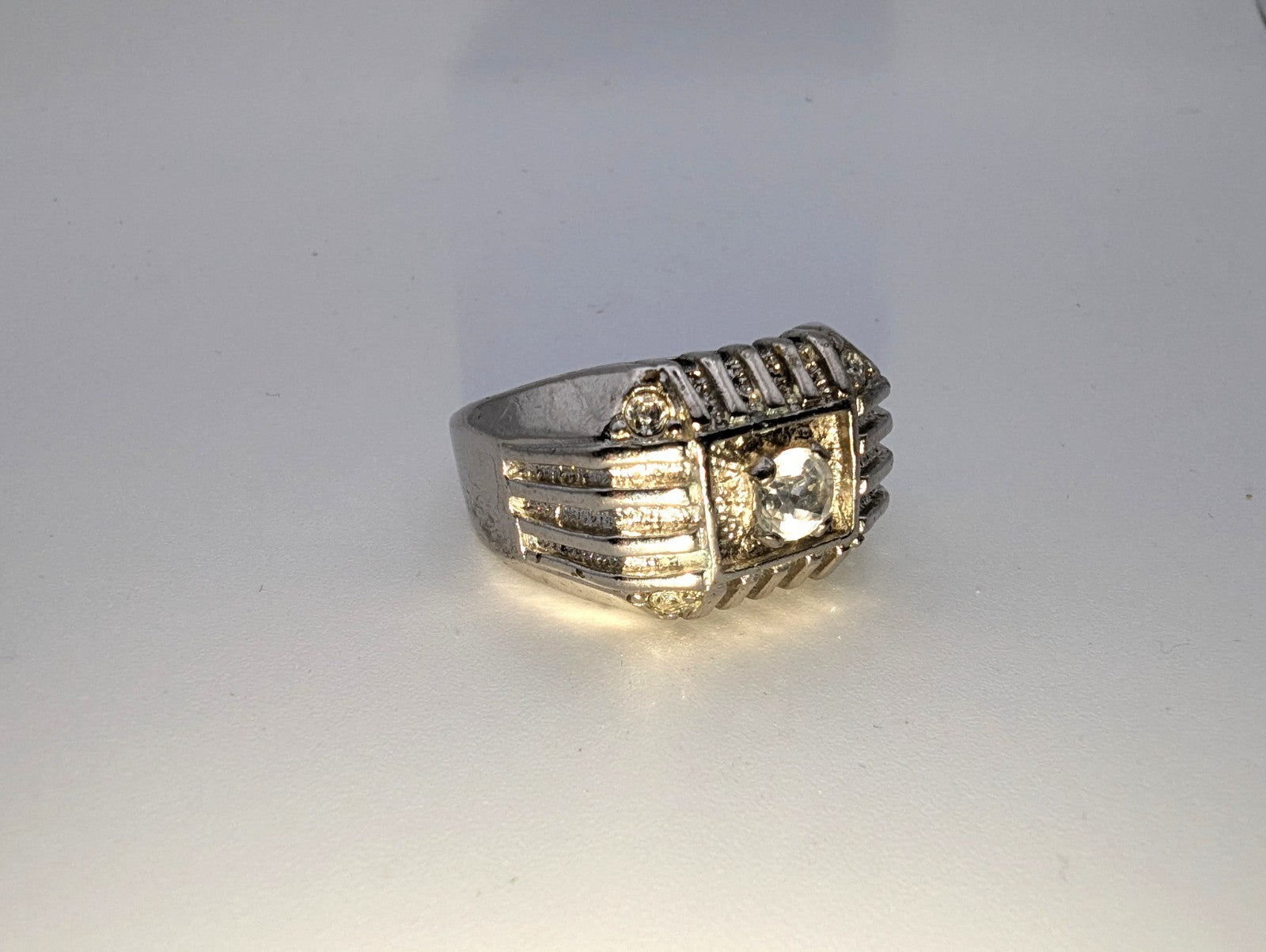 Vintage Mid-Century Ribbed18kt HGE White Gold CZ Men's Ring, Size 13