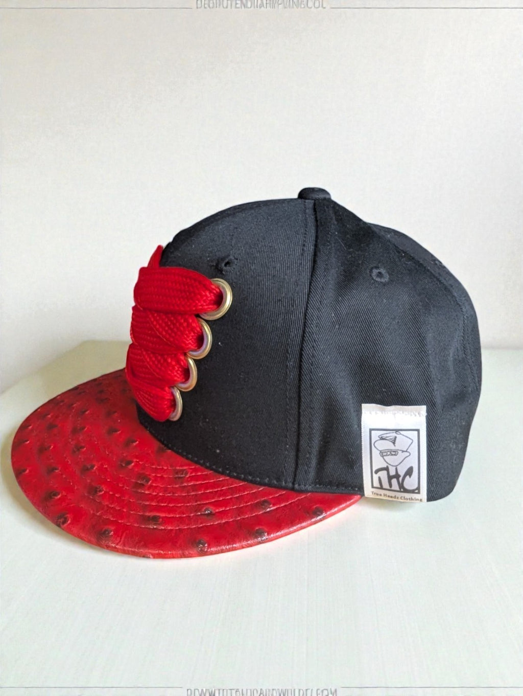 Custom Snapback Hat True Headz, Red Laces Faux Red Leather Brim