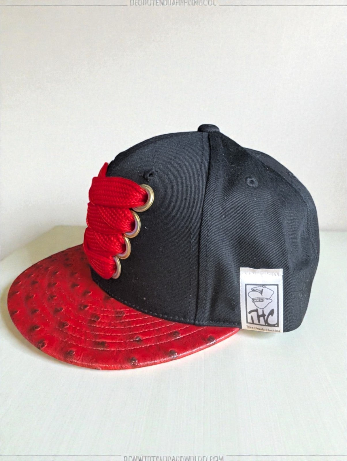 Custom Snapback Hat True Headz, Red Laces Faux Red Leather Brim