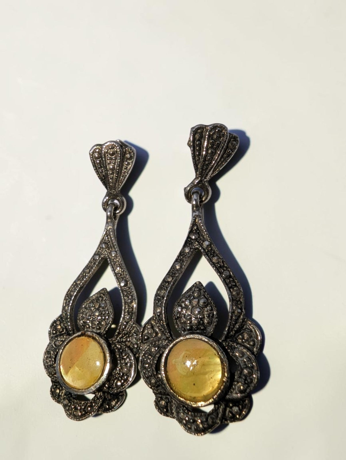Vintage Sterling Silver Opal and Marcasite Drop Earrings