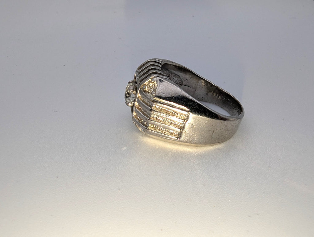 Vintage Mid-Century Ribbed18kt HGE White Gold CZ Men's Ring, Size 13