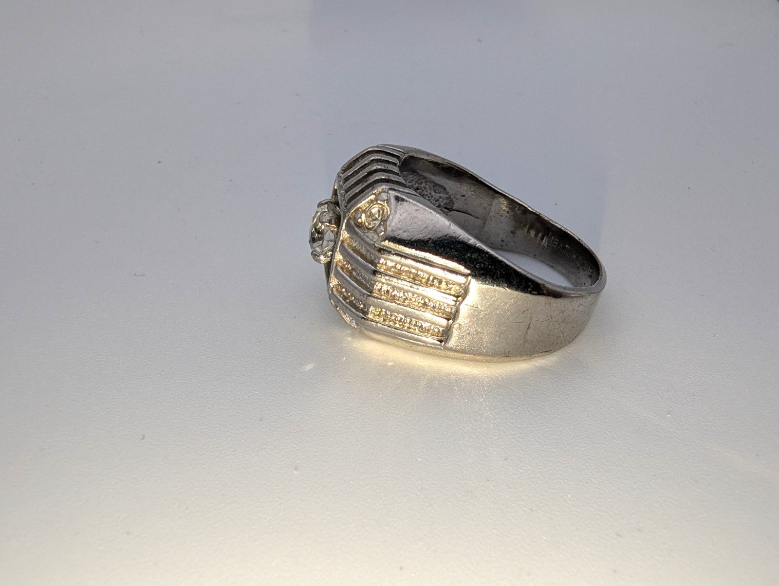 Vintage Mid-Century Ribbed18kt HGE White Gold CZ Men's Ring, Size 13
