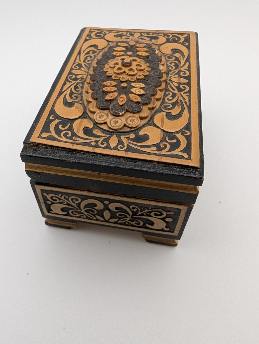 Vintage Wooden Intricate Jewelry Box, 2.75"x1.75"