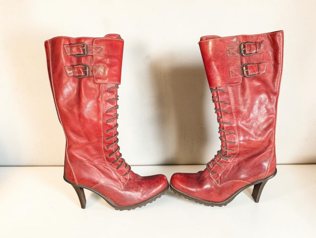 Vintage Donald J Pliner Red Leather Lace Up Boots, Size 6.5, Made in Italy