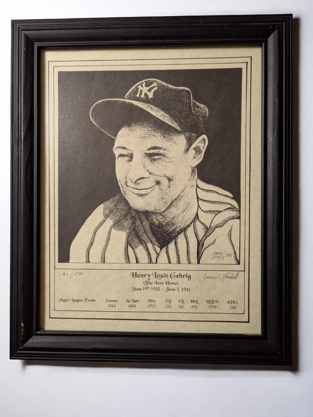 Lou Gehrig Limited Edition #40/500 Print by James Zotalis, Signed Artist