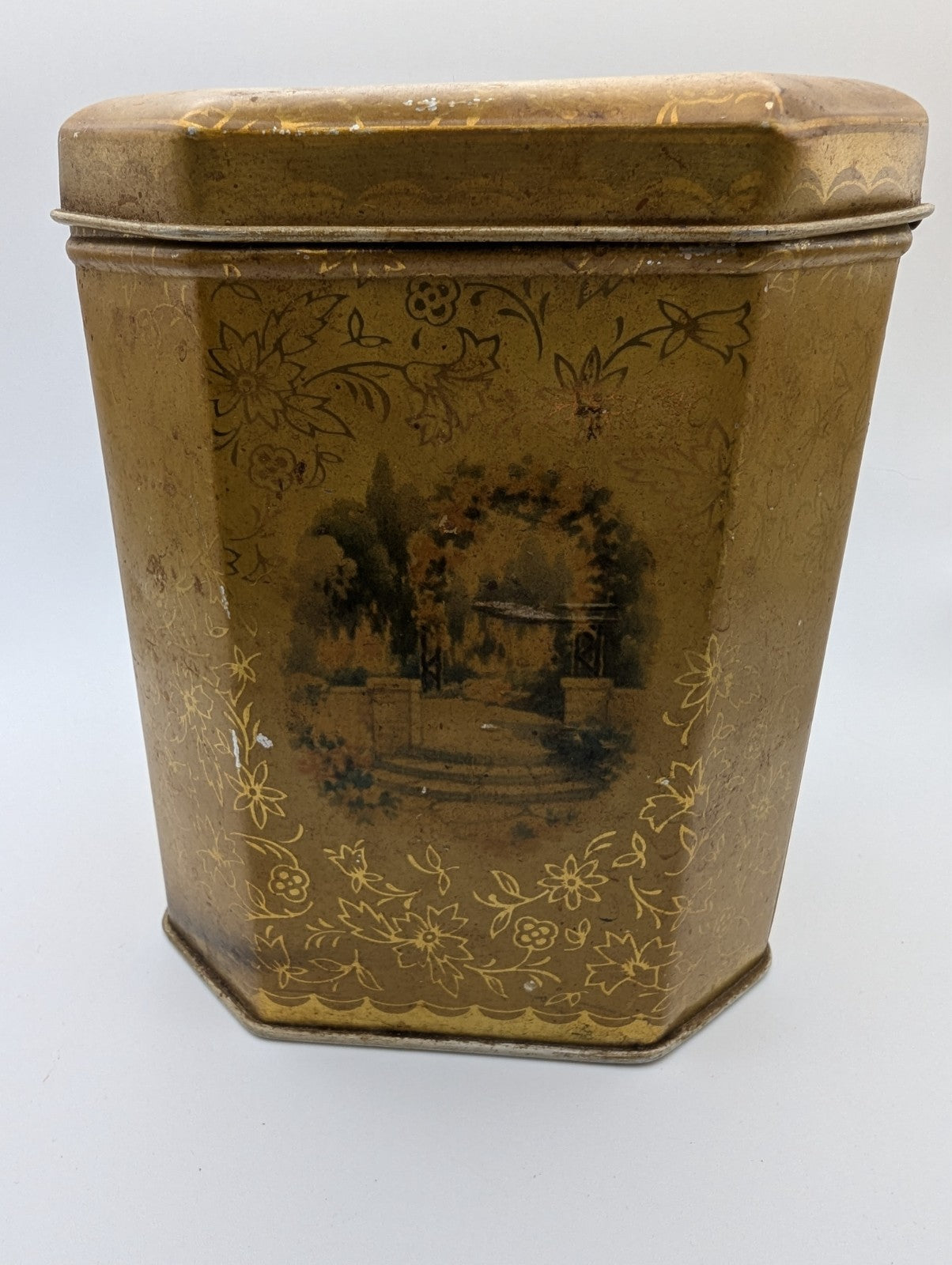 Vintage English Tea Caddy Tin, 4.5"x5"H