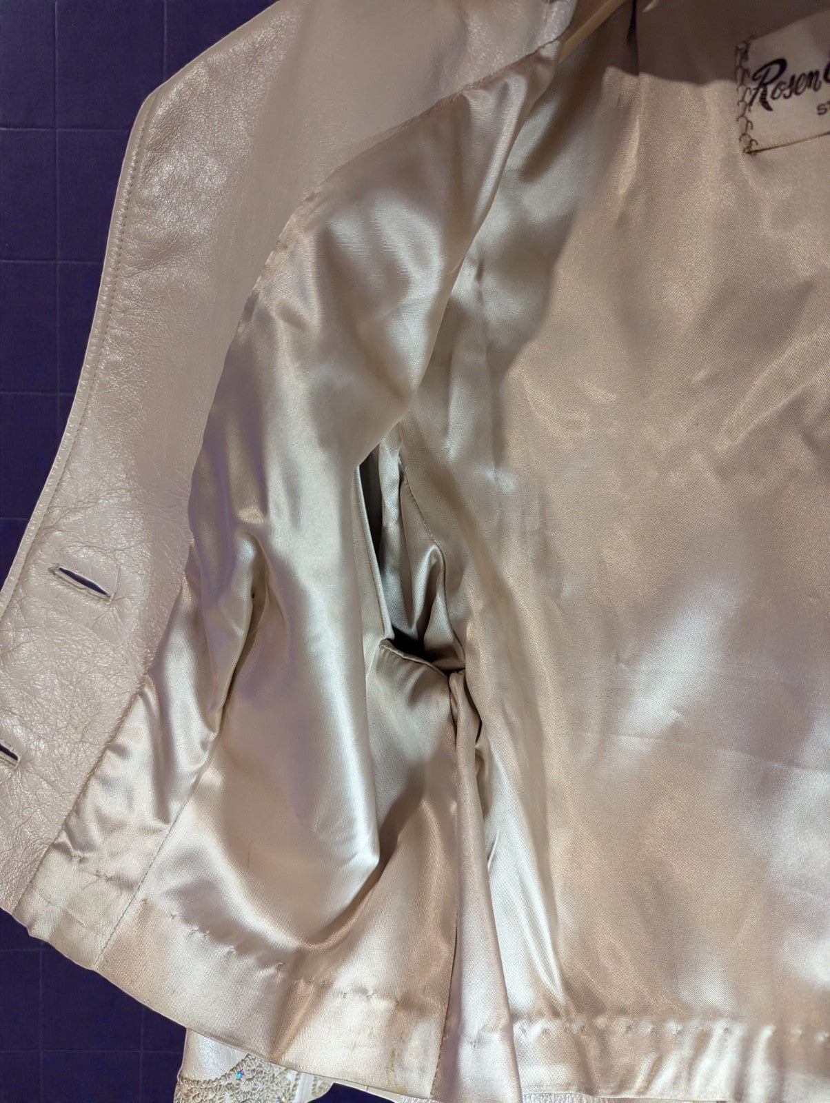 Vintage Women's Cream Leather Rosen Engelson Embroidered Crystal Jacket, Small