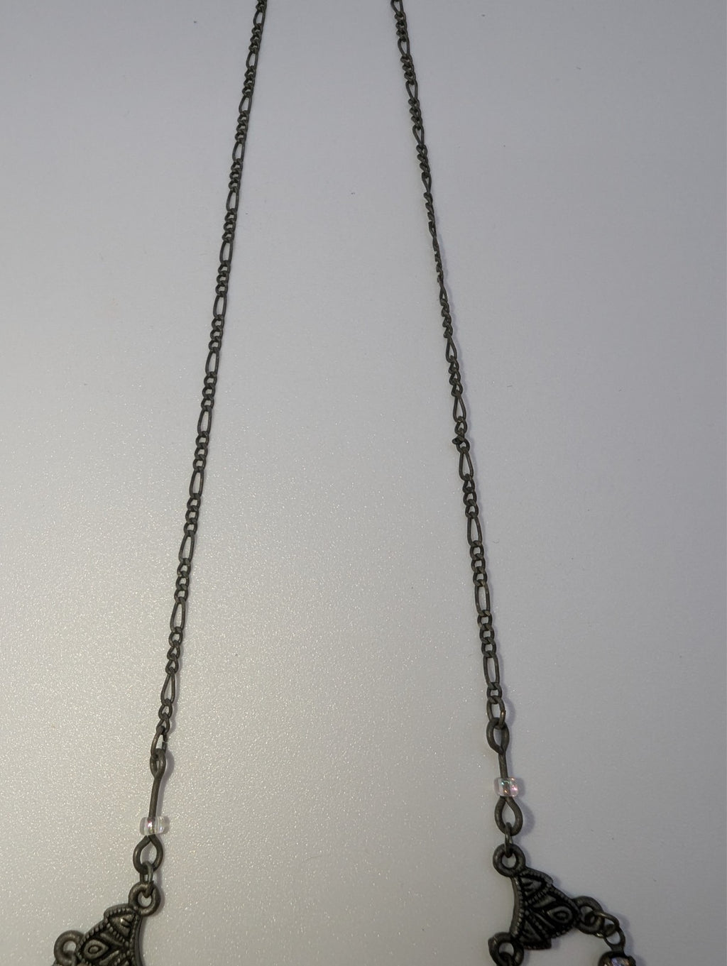 Antique Scrolled Victorian-Style Filigree Necklace Dangling Glass Gems, 16"