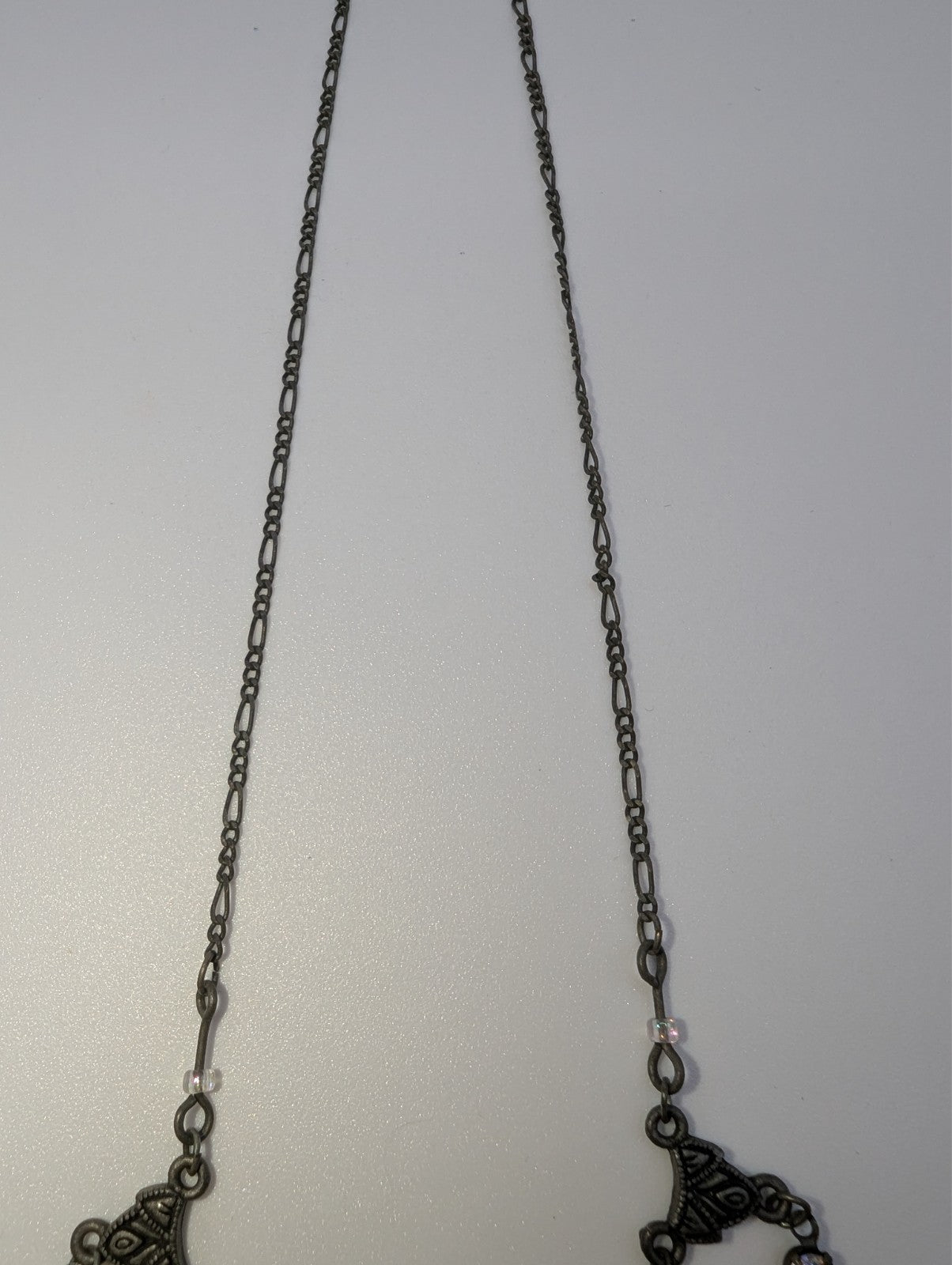 Antique Scrolled Victorian-Style Filigree Necklace Dangling Glass Gems, 16"