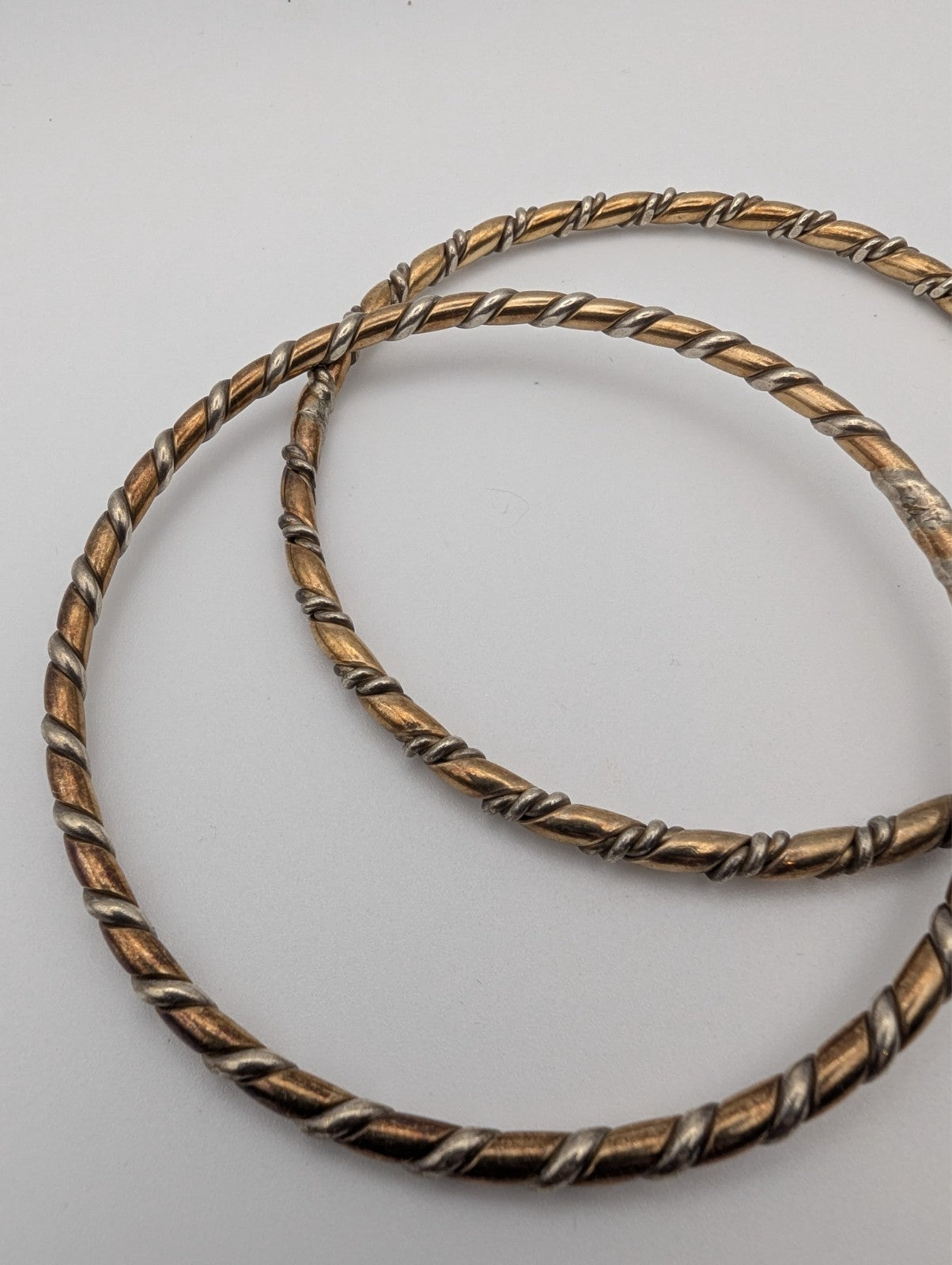 Set of 2 Vintage Twisted Copper and Silver Bangle Bracelets, Size 9