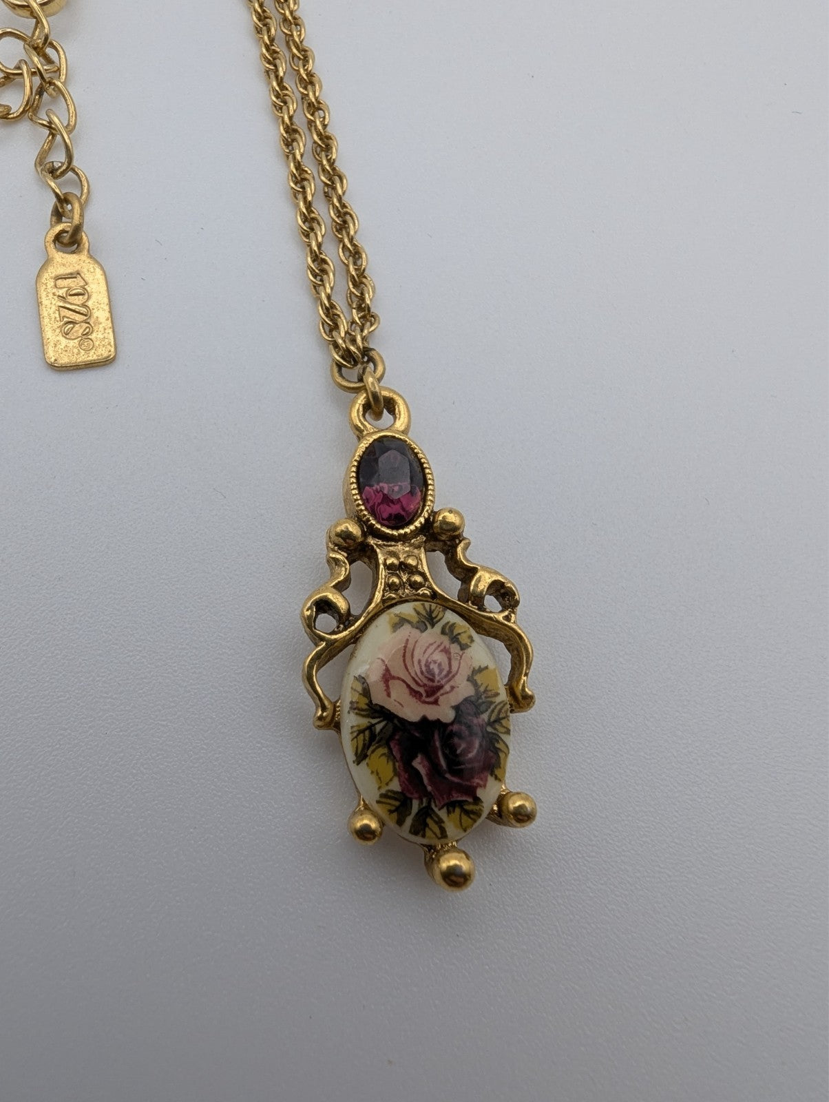 1928 Victorian Style Rose Purple Pendant with Chain, 16"