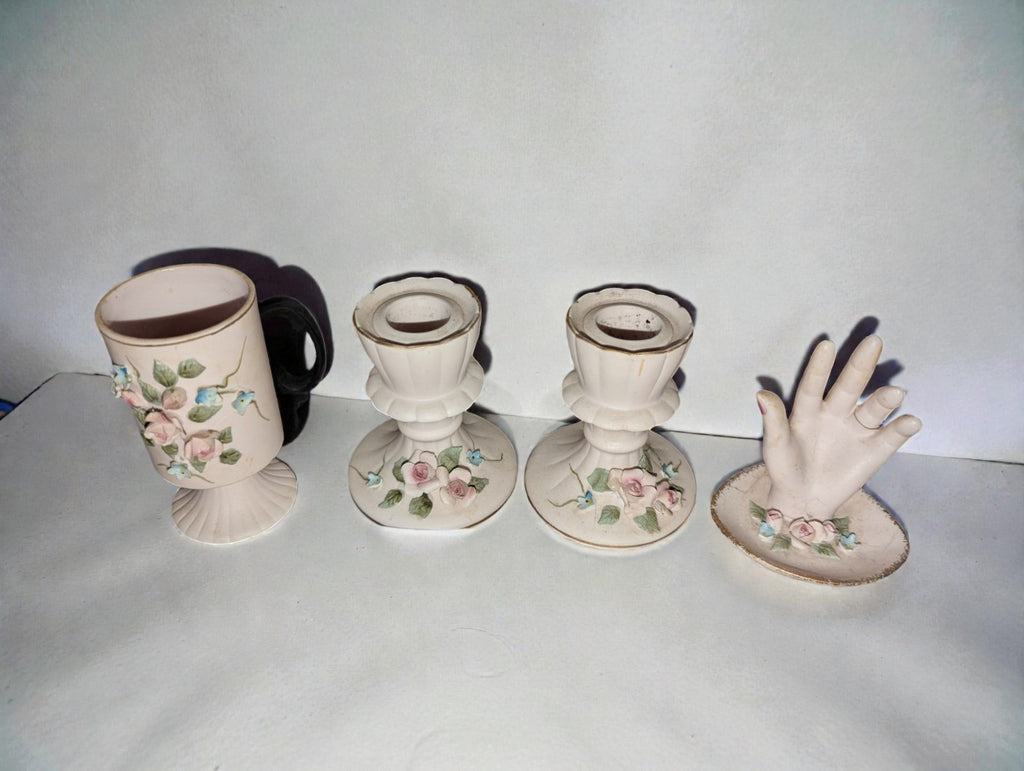 Vintage Lefton China Collection 3D Rose Design-Candle Holders, Vase, Hand