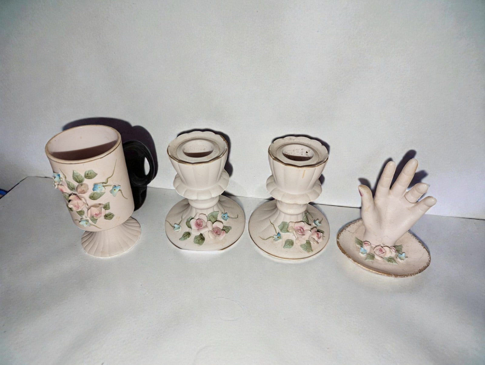 Vintage Lefton China Collection 3D Rose Design-Candle Holders, Vase, Hand
