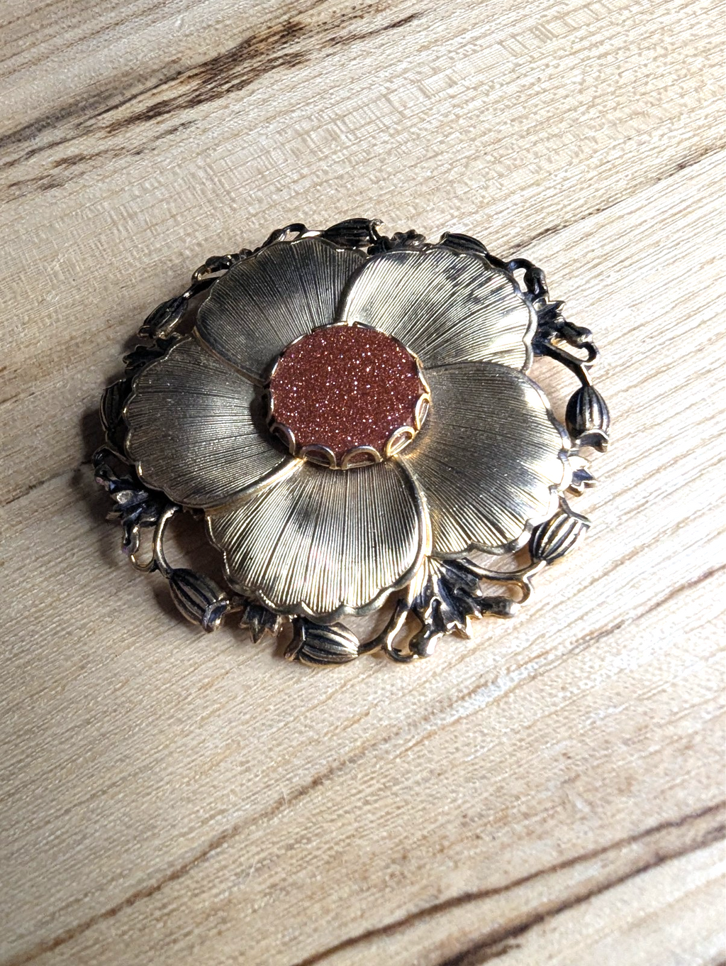 Vintage Gold Vermeil Shimmering Stone Floral Brooch