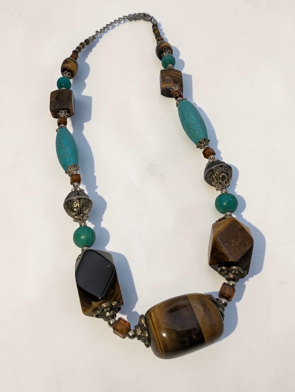 Vintage Tiger's Eye and Turquise Statement Necklace with Silver-Toned Beads, 18"