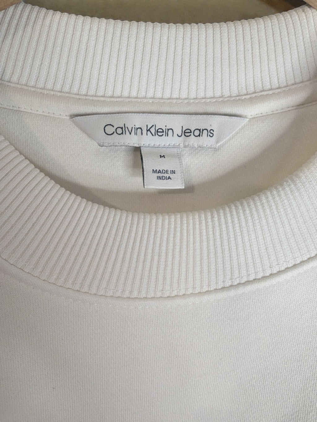 White Calvin Klein Jeans Crewneck Sweatshirt Logo Tape Design, Size M