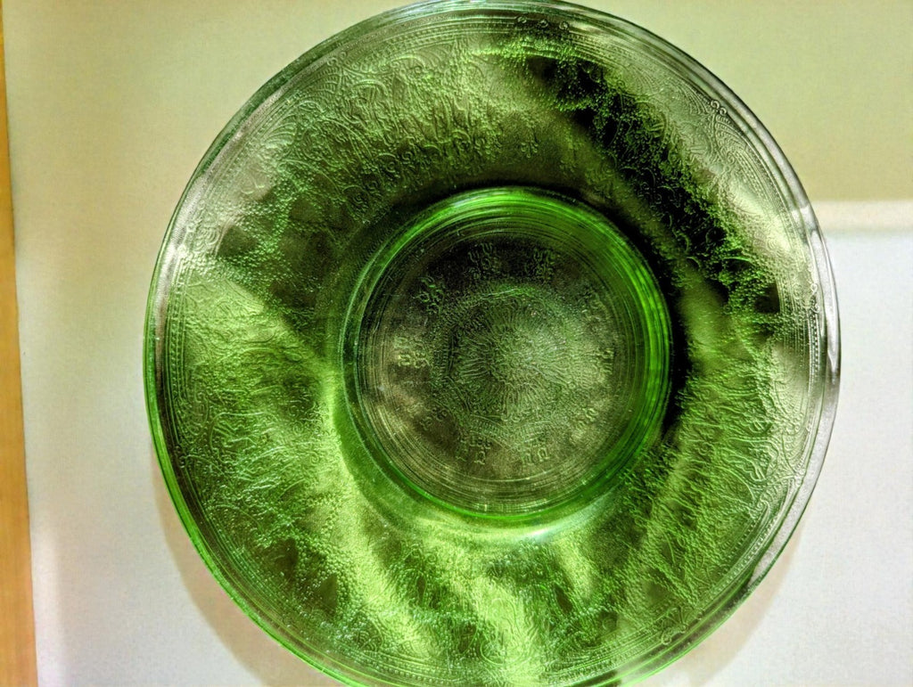 1920s-30s Uranium Green Glass Cookie Jar and (4) Plate Set