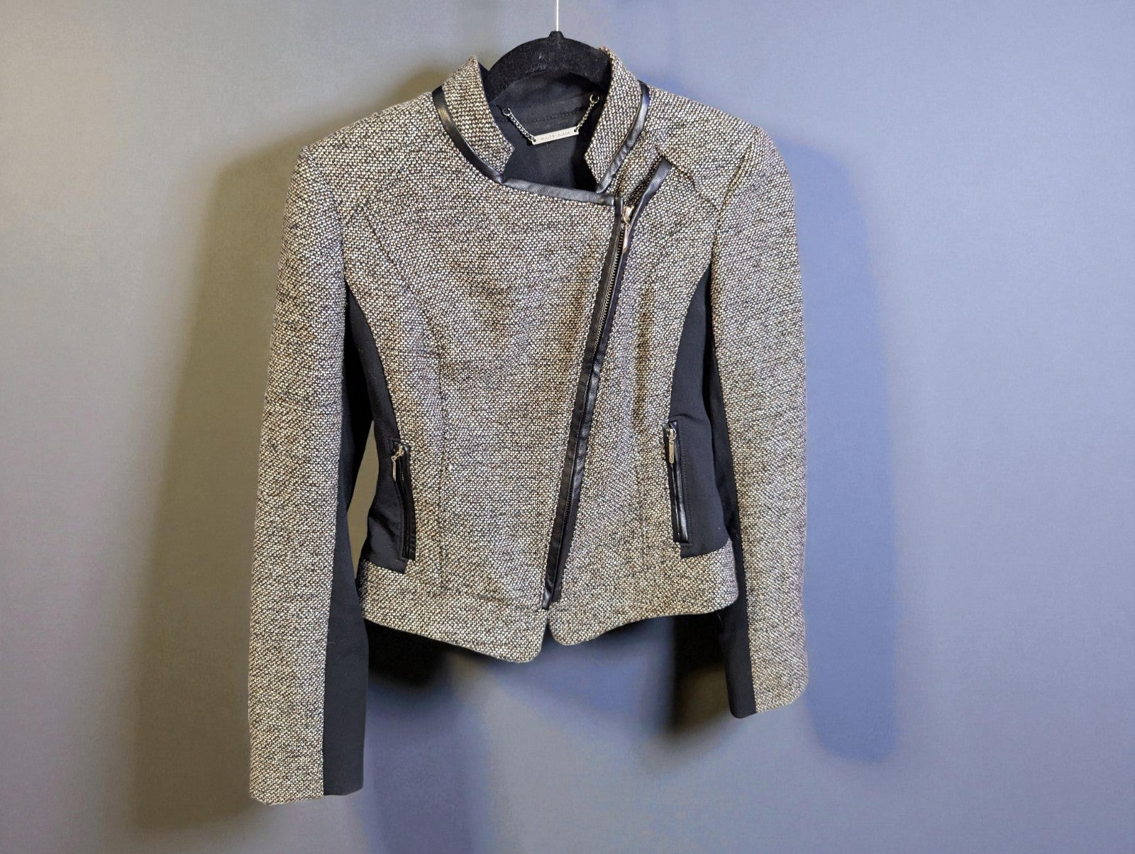 White House Black Market Tweed Moto Jacket with Faux-Leather Trim, Size 00