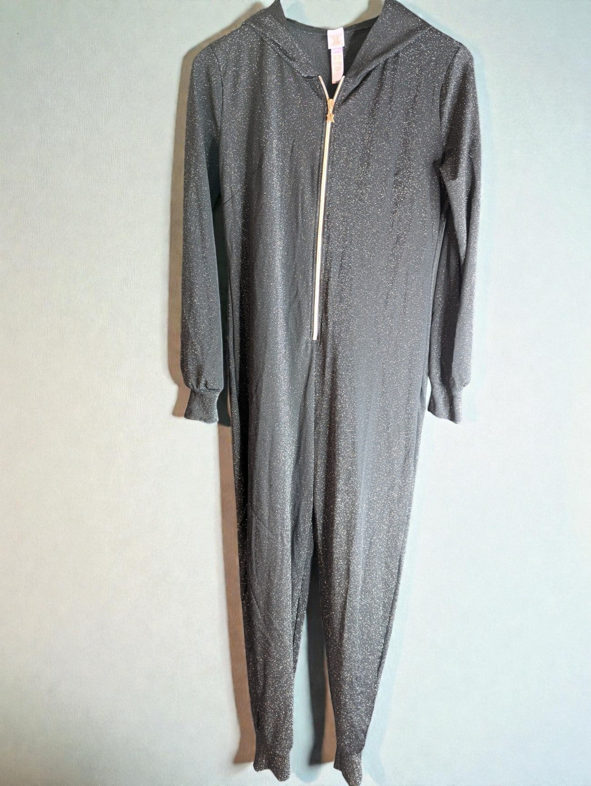 Savage X Fenty Hooded One Piece Romper, Glitter Black, Size Medium