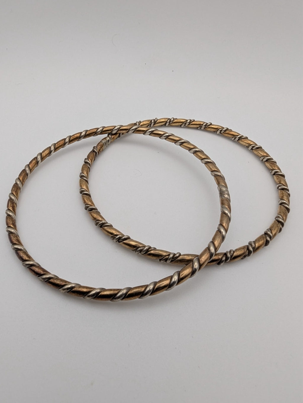 Set of 2 Vintage Twisted Copper and Silver Bangle Bracelets, Size 9