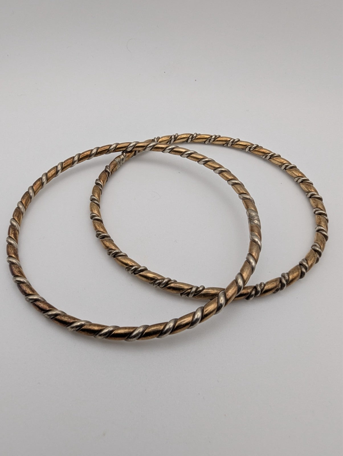 Set of 2 Vintage Twisted Copper and Silver Bangle Bracelets, Size 9