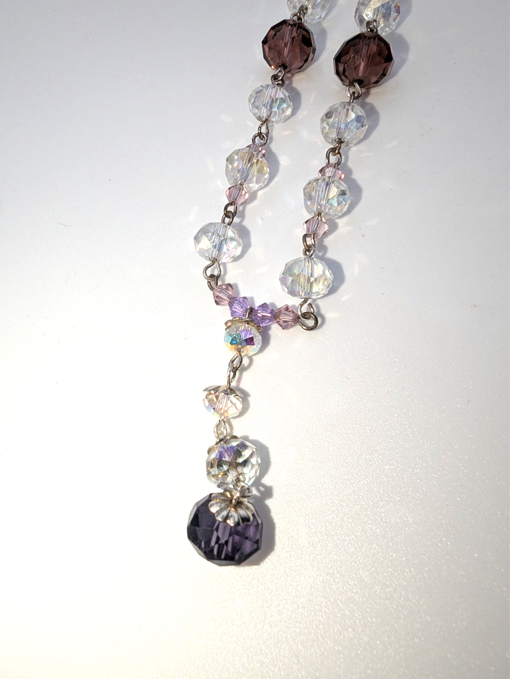 Vintage Aurora Borealis and Purple Faceted Glass Bead Necklace, 16"