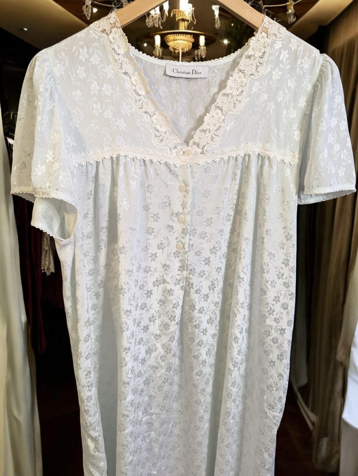 Vintage Christian Dior Floral Lace Trim Nightgown, Light Blue/Ivory, Size L