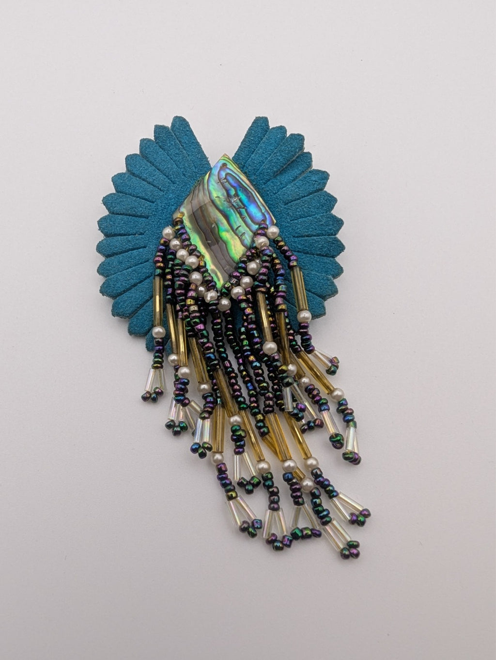 Handmade Brooch Teal Suede Leather, Paua Shell, Iridescent aurora borealis beads