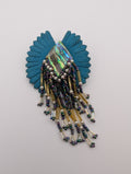 Handmade Brooch Teal Suede Leather, Paua Shell, Iridescent aurora borealis beads