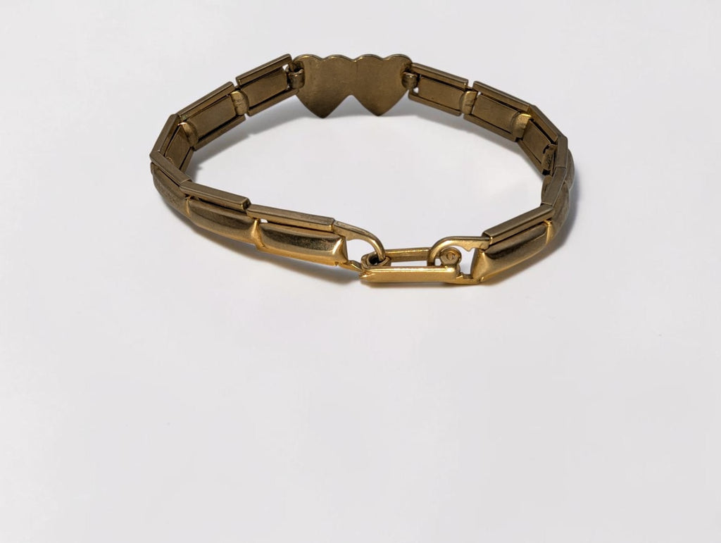 Vintage Gold Tone Expansion Sweatheart Bracelet, Double Hearts, Size 7"