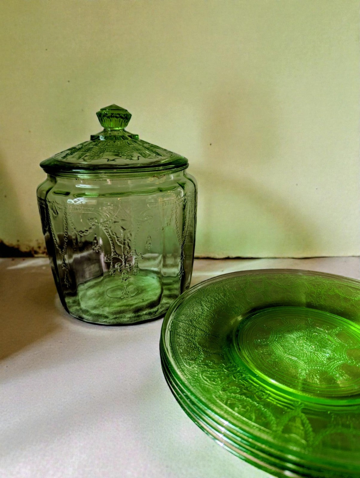 1920s-30s Uranium Green Glass Cookie Jar and (4) Plate Set