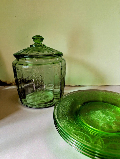 1920s-30s Uranium Green Glass Cookie Jar and (4) Plate Set