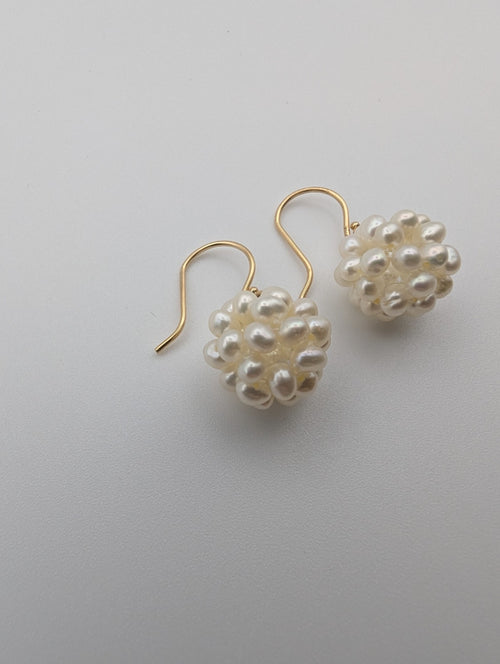 14K yellow gold white pearl cluster dangle earrings
