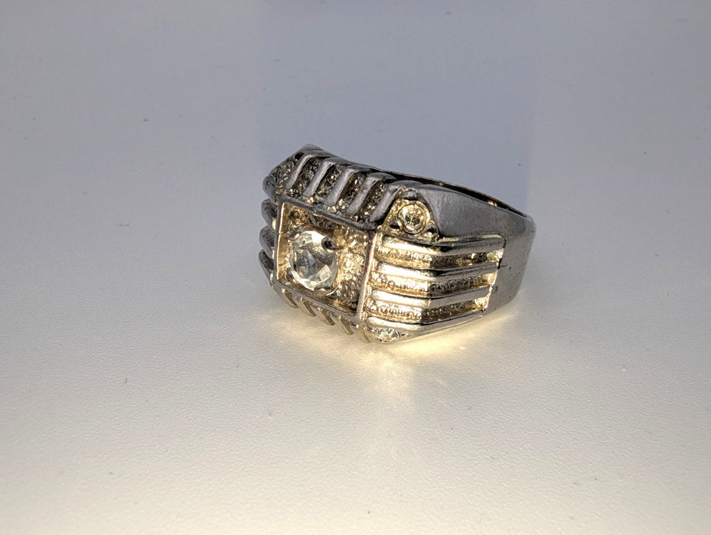 Vintage Mid-Century Ribbed18kt HGE White Gold CZ Men's Ring, Size 13