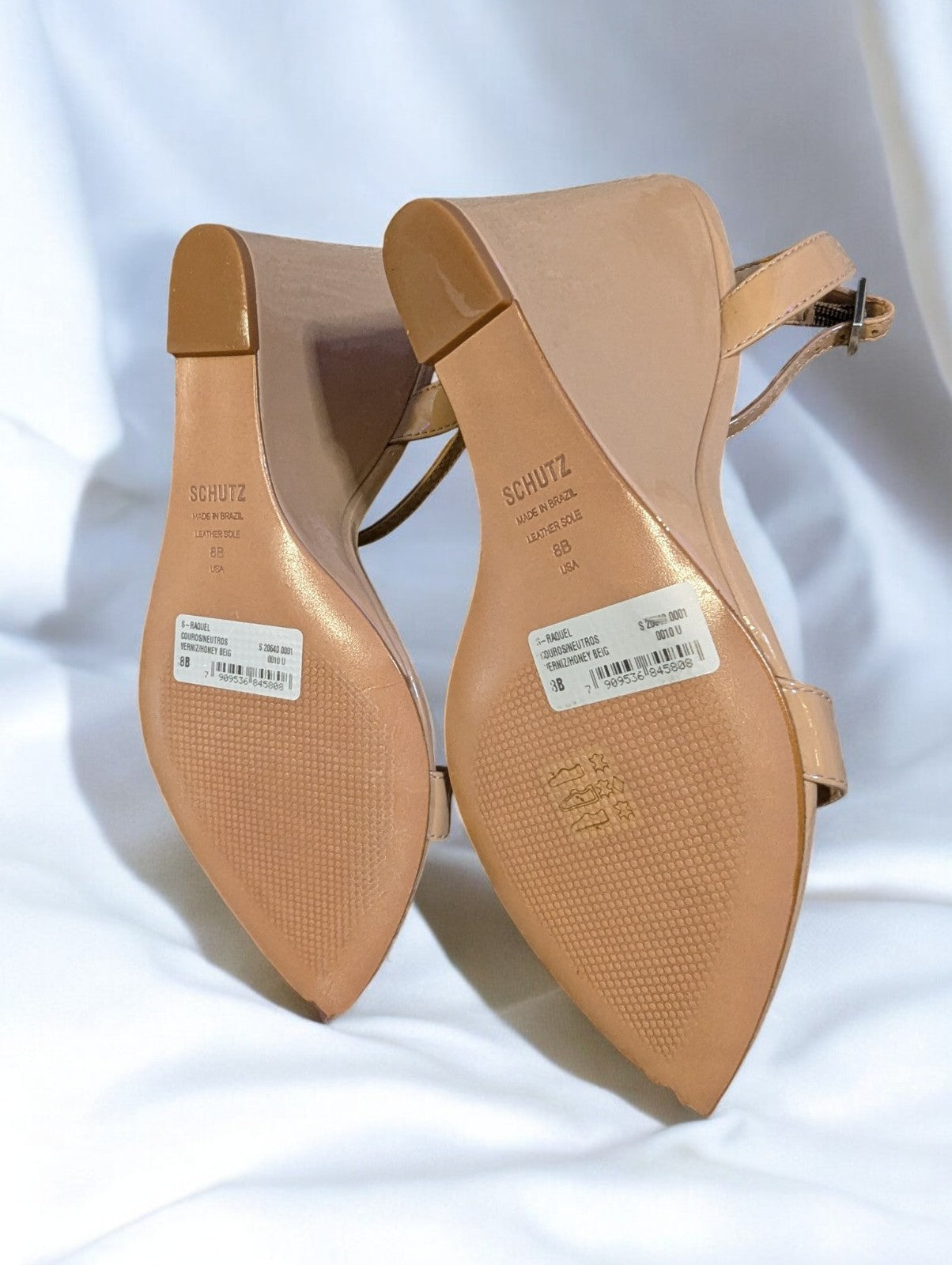 Schutz Rauel Patent Leather Wedge Sandal, Nude- Size 8