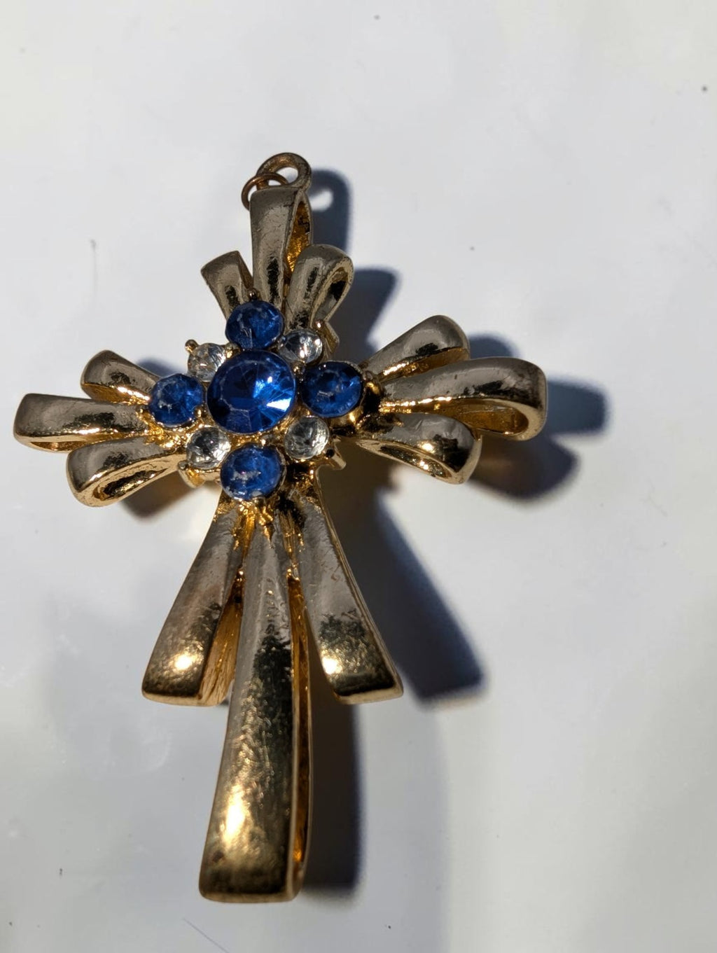 Vintage Gold Tone Cross Pendant, Blue and Clear Rhinestones
