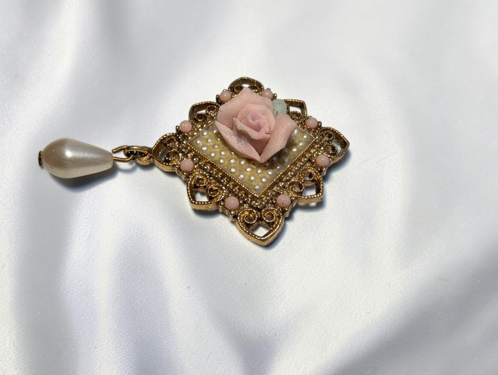 Vintage 1928 Jewelry Company Brooch, Pink Porcelain Rose and Faux Pearl