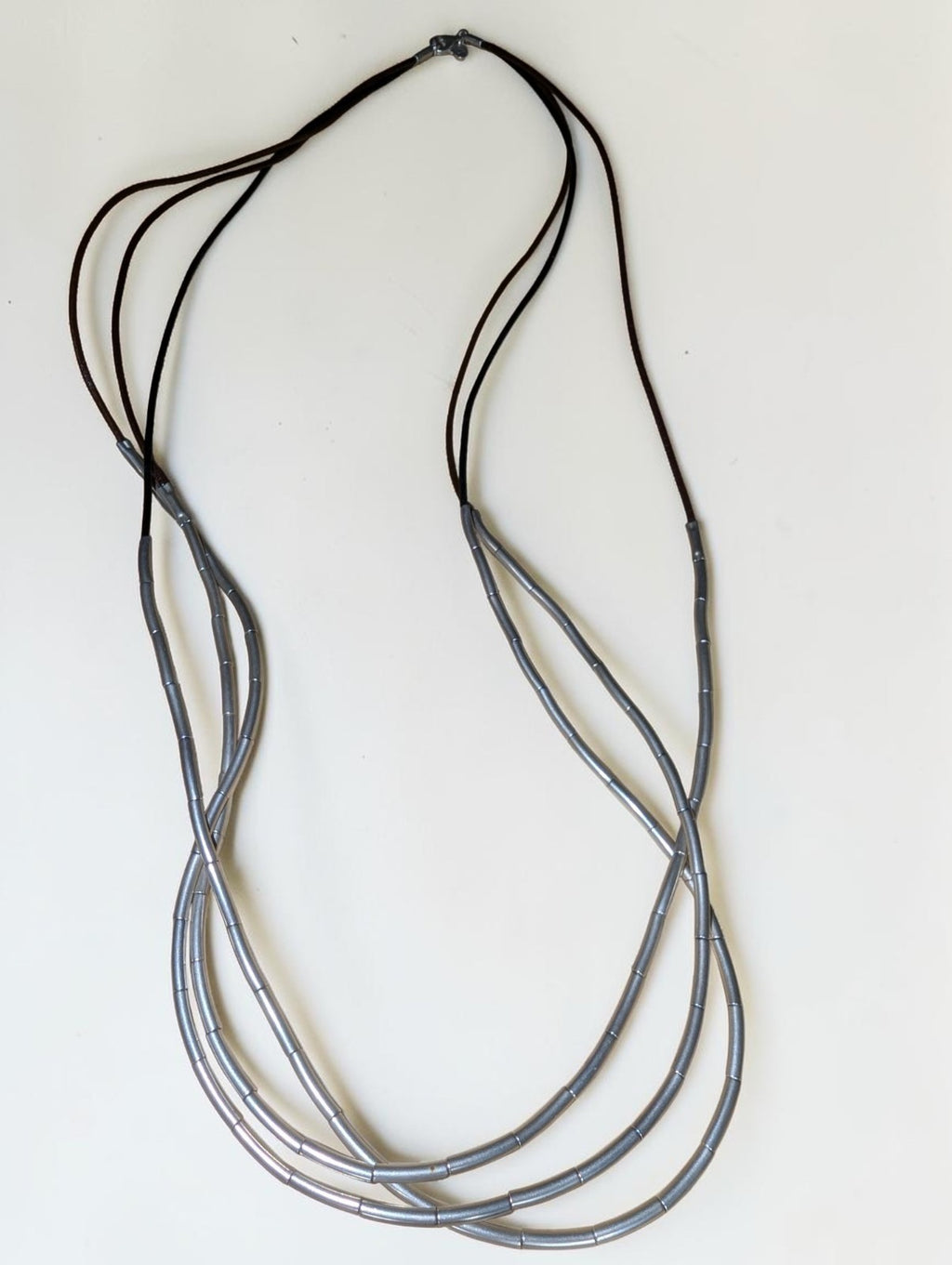 Silpada Liquid Sterling Silver Tube Bead and Leather Necklace 3 Strand, 30"