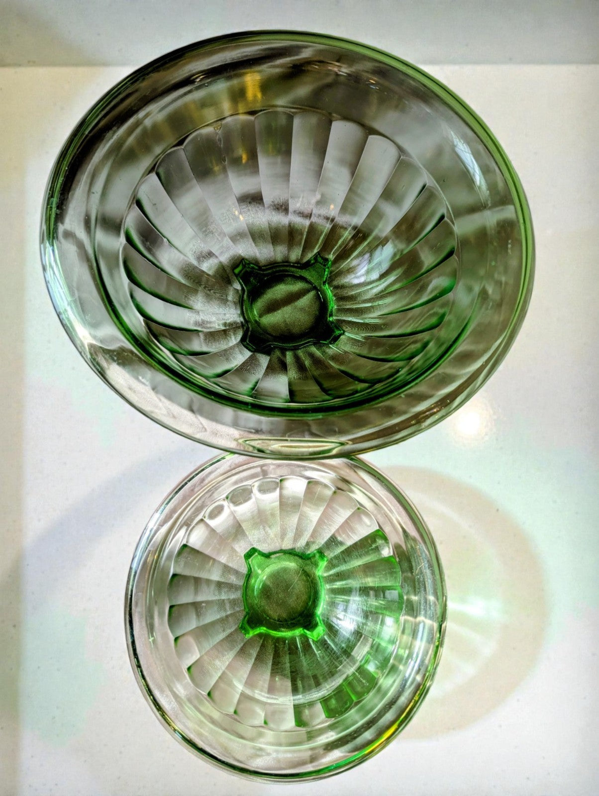 1930s Hazel Atlas Pattern Green Uranium Glass Mixing Bowls Set (2)
