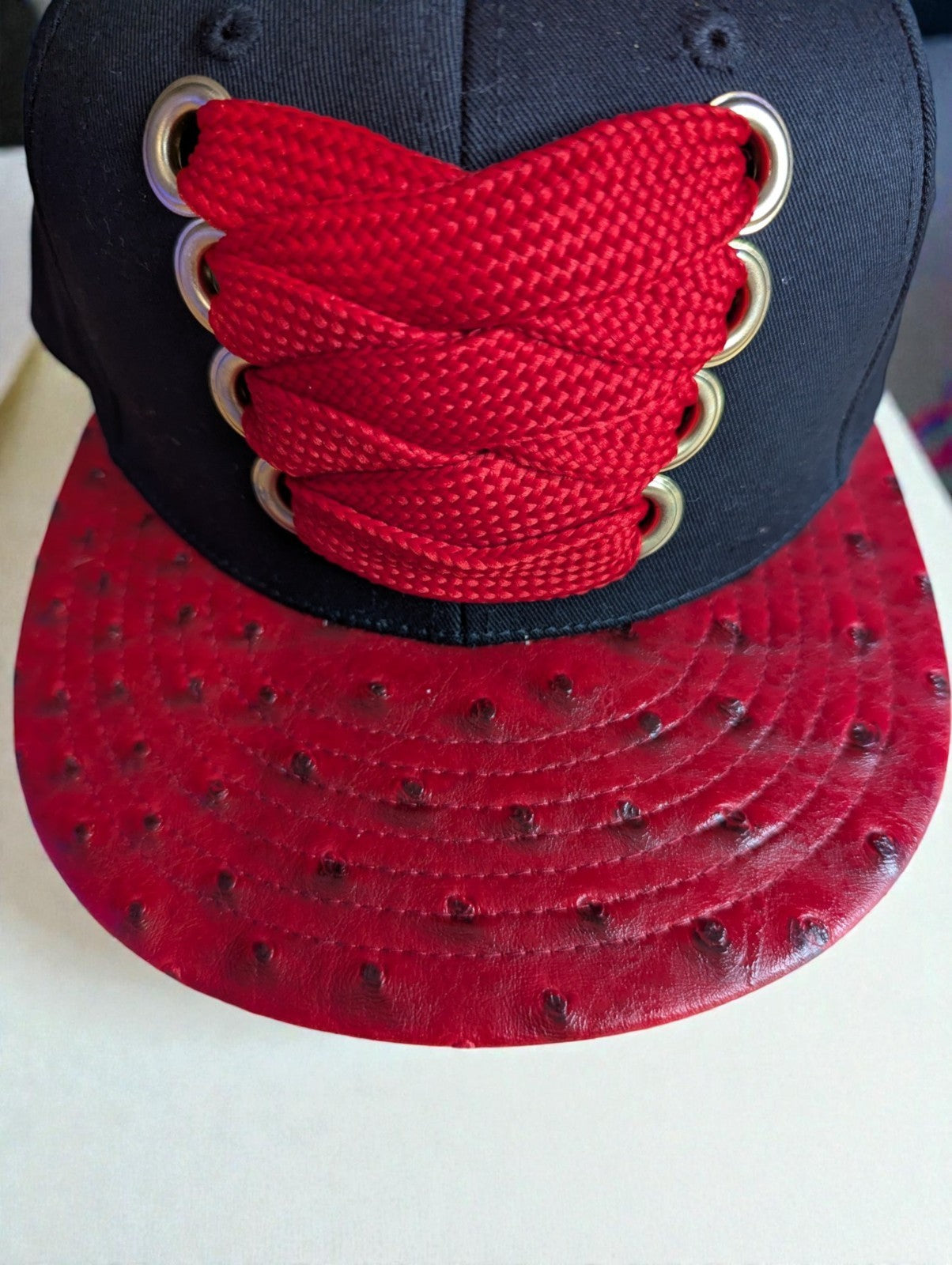 Custom Snapback Hat True Headz, Red Laces Faux Red Leather Brim