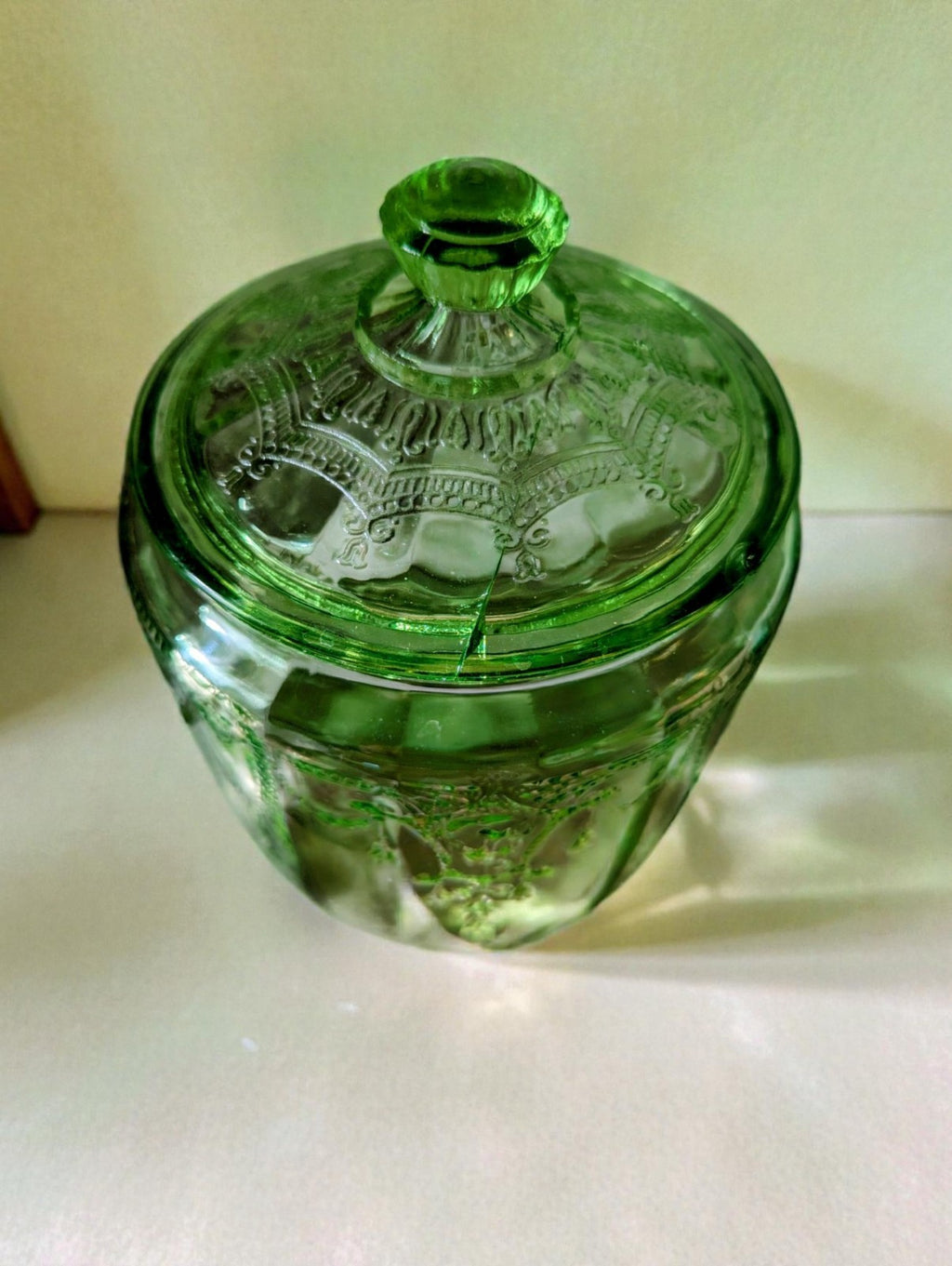 1920s-30s Uranium Green Glass Cookie Jar and (4) Plate Set