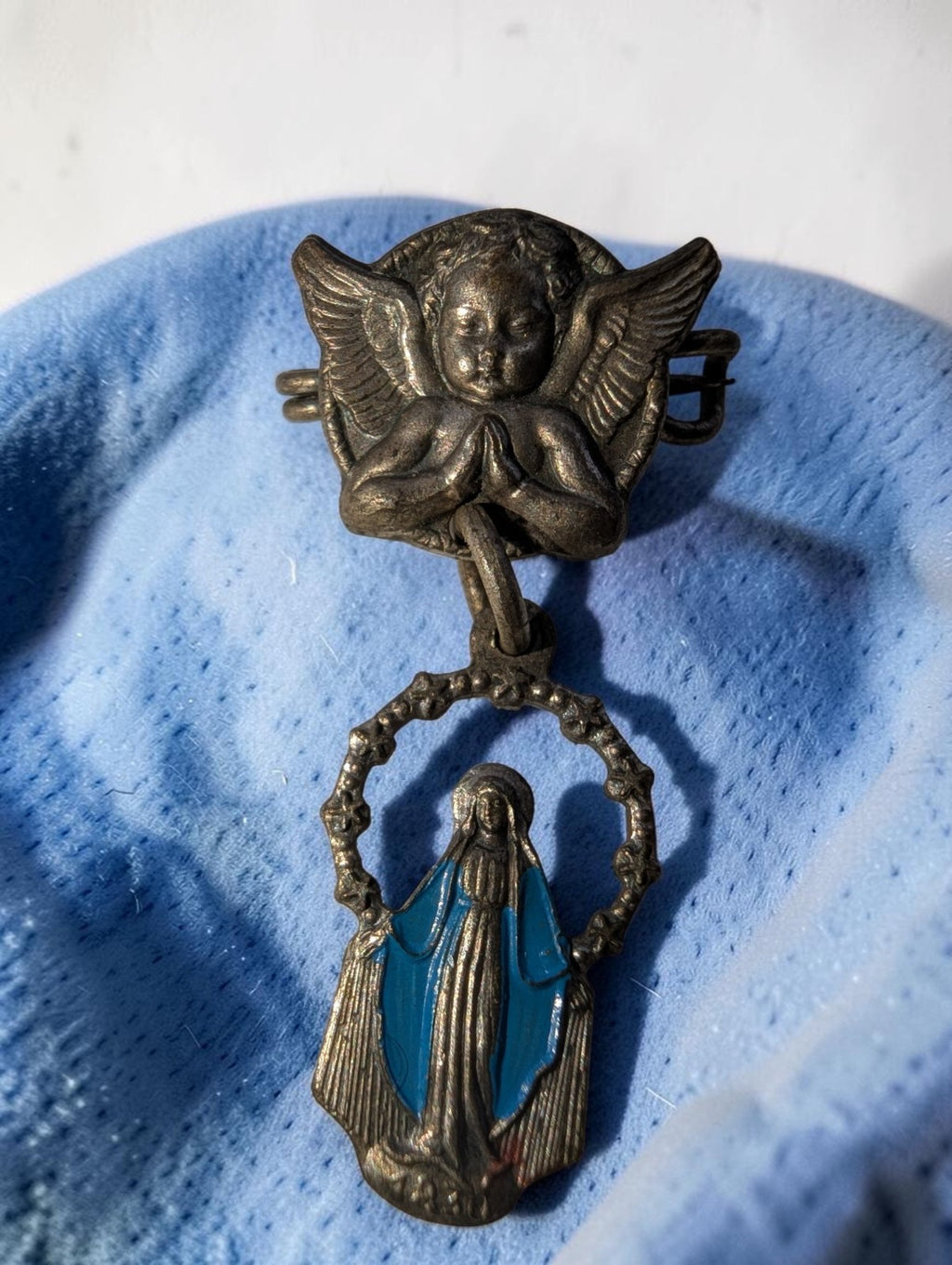Vintage Religious Guardian Angel Pin with Dangling Miraculous Medal Virgin Mary